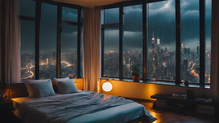 moody aesthetic, beautiful cozy, cramped bedroom with floor to ceiling glass windows overlooking a cyberpunk city at night, view from top of skyscraper, white bedsheets, bookshelves, thunderstorm outs - obrazy, fototapety, plakaty