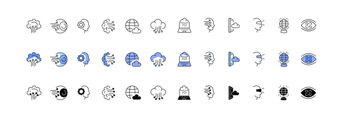 Virtual reality icon set. Linear, flat and silhouette style. Vector icons