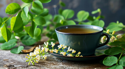 Cup of moringa herbal tea on the table with fresh leaves and flowers. - obrazy, fototapety, plakaty