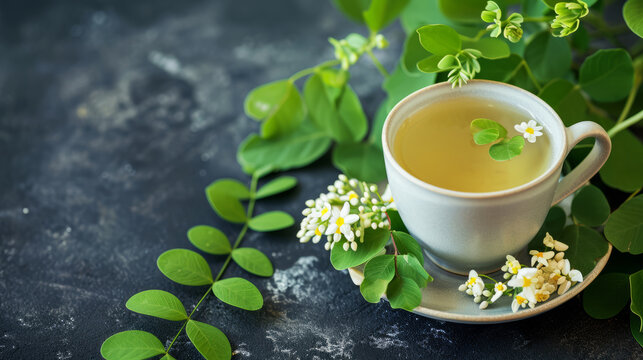 Cup of moringa herbal tea on the table with fresh leaves and flowers.