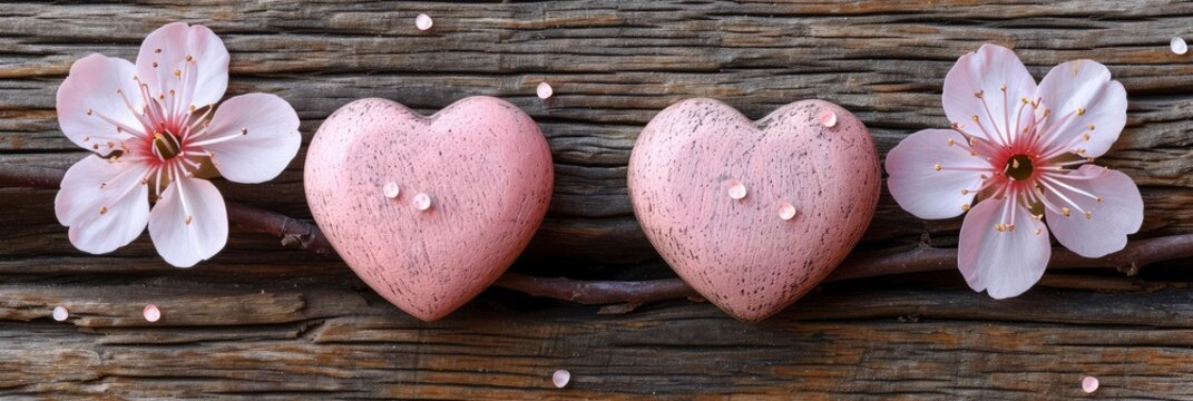 Two Hearts Cherry Blossom On Wood, Banner Image For Website, Background, Desktop Wallpaper