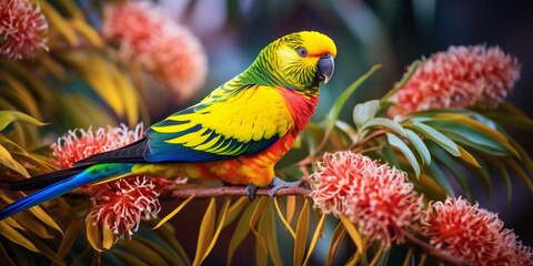 A bird with a yellow head and red feathers sits on a branch with a flower in the background .