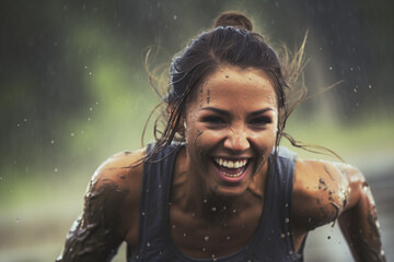 女性たちが障害物レースで泥だらけでスパルタの競技を戦っている - obrazy, fototapety, plakaty