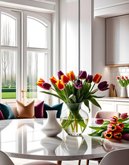 A luxurious interior design that combines a white kitchen, a dining room with windows, and a living room into one space, with a vase of tulips on the table and a spring atmosphere.