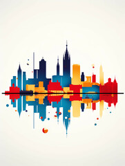 Obraz premium Minimalist Barcelona Skyline, A Colorful City Skyline With Reflection