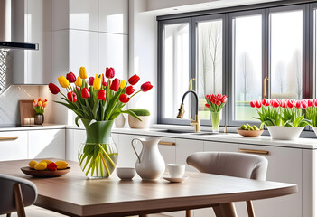 A luxurious interior design that combines a white kitchen, a dining room with windows, and a living room into one space, with a vase of tulips on the table and a spring atmosphere.