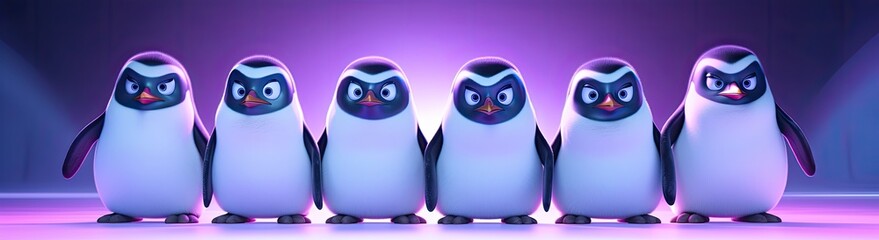 The endearing sight of aligned penguin chicks, radiating cuteness, framed by the glow of festive party lights.