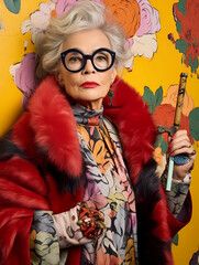 Gorgeous Eldery Eclectic Woman In An Eclectic Outfit, A Woman In A Red Fur Coat Holding A Cigarette