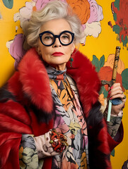Obraz premium Gorgeous Eldery Eclectic Woman In An Eclectic Outfit, A Woman In A Red Fur Coat Holding A Cigarette