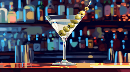 Illustration of a classic martini cocktail with olives in a stemmed glass on a bar created. - obrazy, fototapety, plakaty