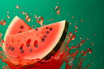 Fresh watermelon flying with water splashes on bright color background