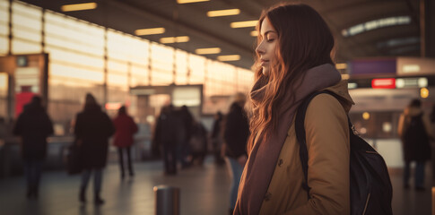 Woman Backpack Airport Station Travel Concept