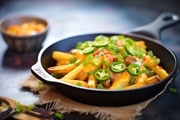 cheesy fries with jalapenos on a skillet