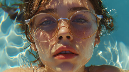 Lifestyle portrait of woman at pool with glasses