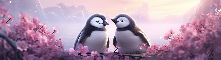 Naklejka premium Charming penguin chicks gathered in a winter scene, irresistibly cute, adorned with festive party lights.