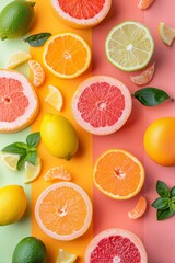 citruses and grapefruits cut and assembled on a multicolored background