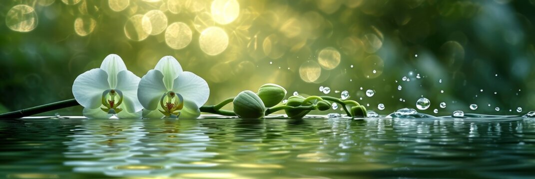 White Orchid Green Buds Water Droplets, Banner Image For Website, Background, Desktop Wallpaper
