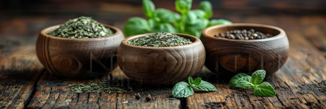 Wooden Bowl Dried Herbs On Table, Banner Image For Website, Background, Desktop Wallpaper