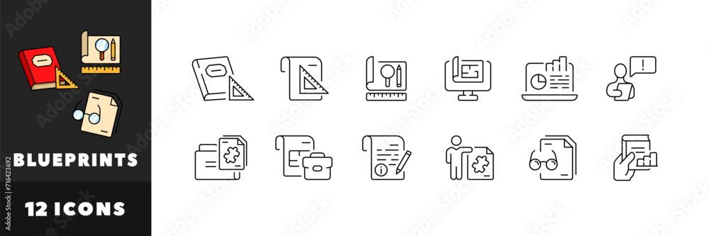 Poster blueprints icon set. linear style. vector icons