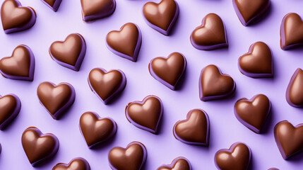 Pattern of chocolate heart shaped candies on purple background. Valentine's Day celebration