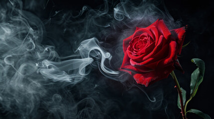 Red rose wrapped in smoke swirl on black background.
