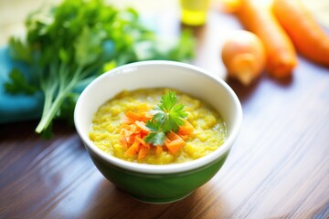 creamy split pea soup with diced carrots for color contrast