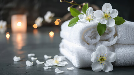Fototapeta na wymiar Spa composition on massage with Soft White Towels flowers Relaxation