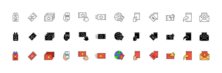 Tickets set icon. Linear, silhouette and flat styles. Vector icons