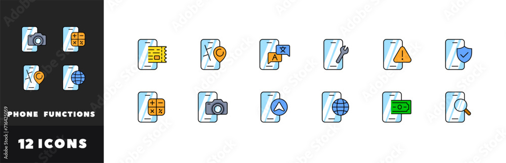 Poster phone functions icon set. flat style. vector icons