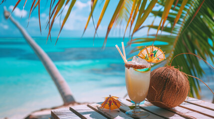 Cocktail in a coconut with straws and decor on the table, the ocean and a palm tree are in the background - obrazy, fototapety, plakaty