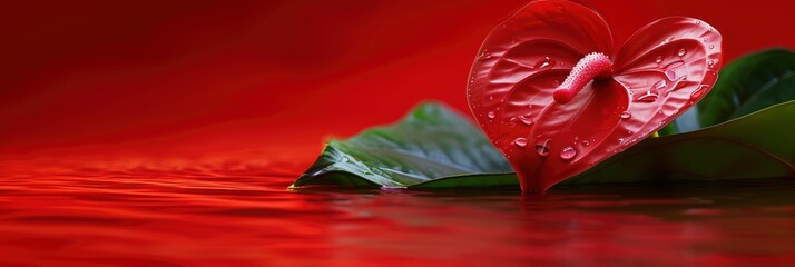  Anthurium Red Petals Green Leaf Water, Banner Image For Website, Background, Desktop Wallpaper