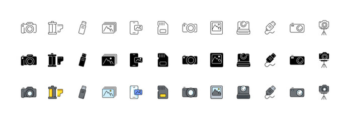 Camera icon set. Linear, silhouette and flat style. Vector icons