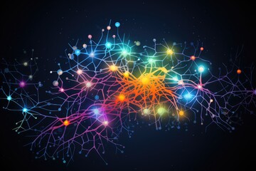 Fototapeta premium Vivid creative ideation - brain radiant symphony of ingenious imagery, wit neural graphics, psychedelic visualization. Chromatic neurons dance in witty, neural neon tapestry of imaginative thinking