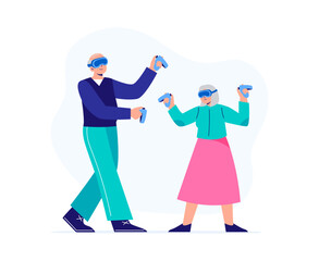 An elderly man and woman use virtual reality glasses for fun. Exploring a world and VR technology. Vector flat illustration isolated on the white background.