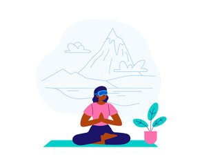 A young woman uses virtual reality glasses to meditate in the mountains. Exploring a world and VR technology. Vector flat illustration isolated on the white background.