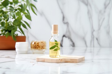 clear serum bottle on a marble countertop with green leaves