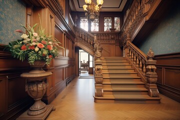 Fototapeta na wymiar ornate tudor staircase with carved woodwork