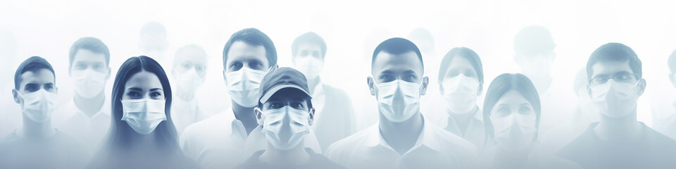 crowd of abstract silhouettes of people in medical masks, long narrow panoramic view,  social issue, grim horror zombie apocalypse background - obrazy, fototapety, plakaty