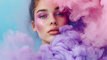 Young woman surrounded by a purple pink cloud of smoke on isolated pastel blue background. Abstract fashion concept. Close-up portrait of top model