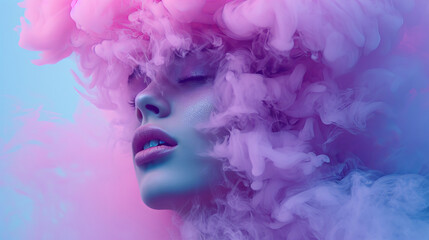 Young woman surrounded by a purple pink cloud of smoke on isolated pastel blue background. Abstract fashion concept. Close-up portrait of top model