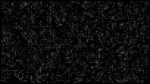 Loop animation of white digital data matrix of binary code numbers on a black background. Seamless motion graphics for technology, science, cyberspace, or big data concepts. Fit for alpha or overlay