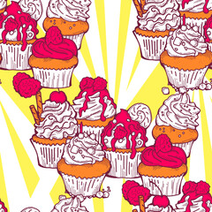 Tasty sweet cupcake dessert decorative seamless vector pattern for textile design, fabric print, digital or wrapping, wall paper, background and backdrop, bakery shop decoration, cafe, restaurant menu
