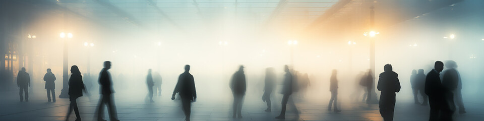 crowd of people in blurry motion in the fog of a city street, long narrow panoramic view, abstract background, urban smoke, concept social issues - obrazy, fototapety, plakaty