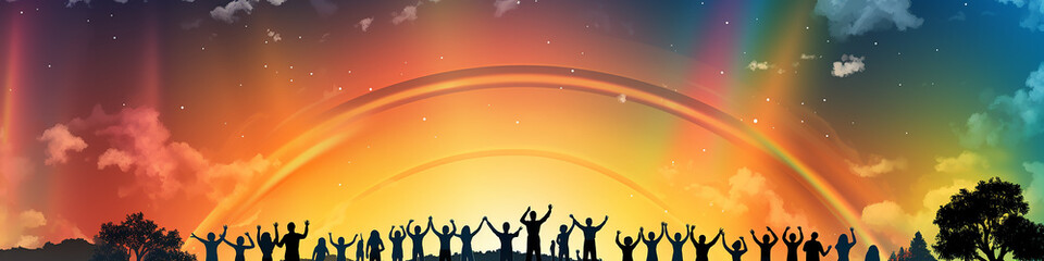 row of silhouettes of people standing under rainbow.  illustration multicolor spectrum background copy space peace and freedom