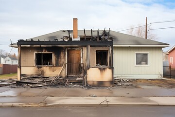 partially burned house with one wall still intact and smoldering