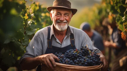 Poster Im Rahmen Old man farmer holding a crate of grapes at harvesting in the vineyard © arbym