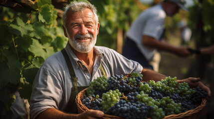 Old man farmer holding a crate of grapes at harvesting in the vineyard
