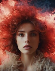 Fototapeta premium Waves of red mist enveloped the woman's head.
