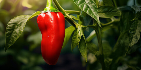 Red bell pepper growing on bush in the garden. ripening bulgarian or sweet pepper fruit.   - obrazy, fototapety, plakaty