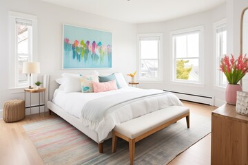 Fototapeta na wymiar bright bedroom, big windows, and white linens